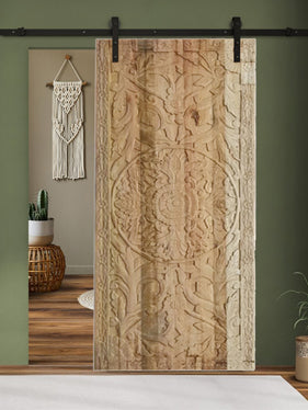 Lotus Carved Sliding Barn Door, Vintage Bleached Wood Door